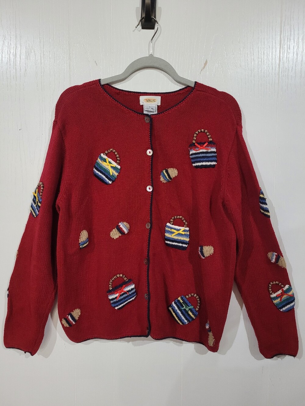 Talbots Vintage Navy Red Knit Cotton Linen Beach Applique Sweater Cardigan Large